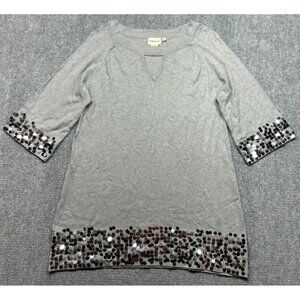 Aubergene Sweater Womens XL Gray Beaded Knit Boat Neck 3/4 Sleeve Pullover New